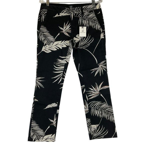 Volcom Dress Pants Womens Sz 5 Black Palm Tropical Straight Leg Mid Rise $75 Nwt - Picture 1 of 11